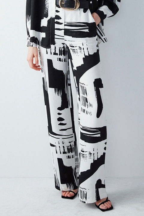 Ipekyol, Pantaloni cu croiala dreapta si model abstract, Alb/Negru, 42