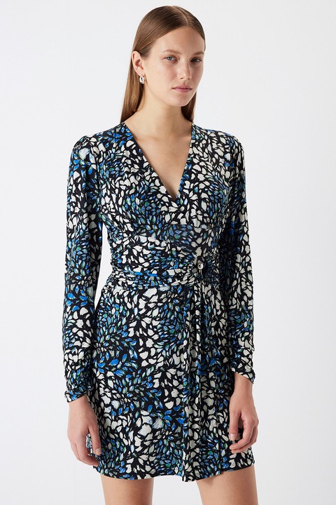 Ipekyol, Rochie cu model si decolteu in V, Alb/Negru/Albastru