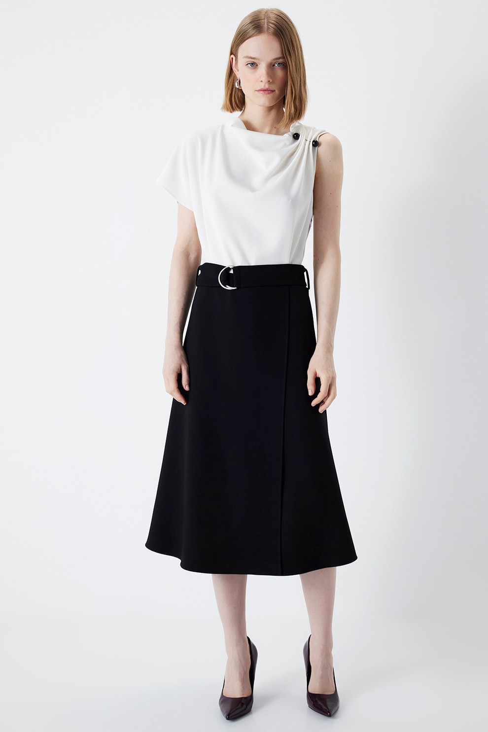 Ipekyol, Rochie midi evazata cu catarama, Alb, Negru, 34