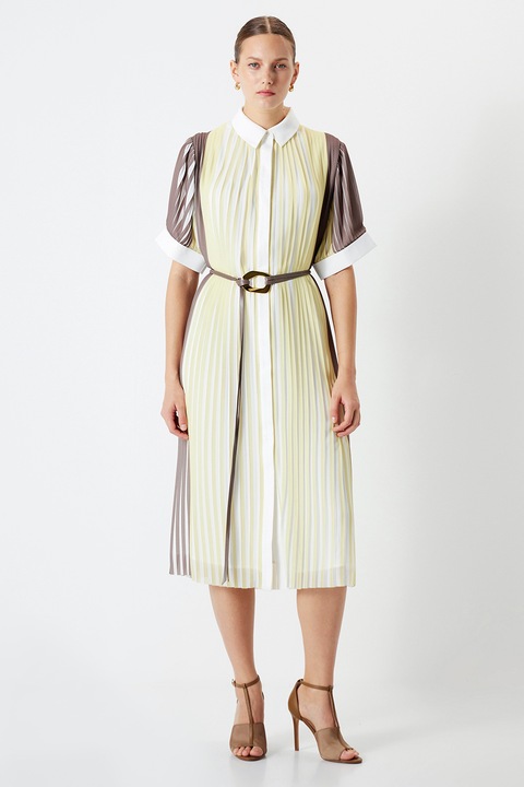 Ipekyol, Rochie midi cu croiala dreapta si model in dungi, Galben/Maro pamantiu, 36