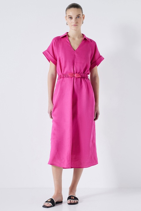 Ipekyol, Rochie-camasa midi din in cu decolteu in V, Fucsia, 34