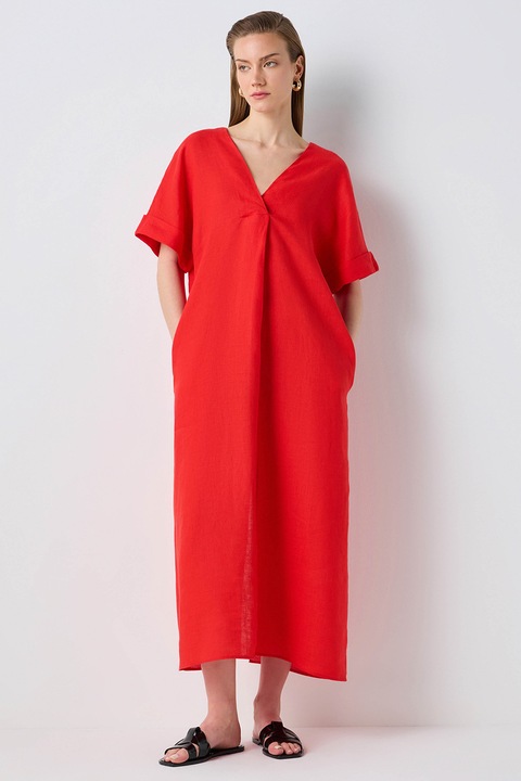 Ipekyol, Rochie midi din in cu croiala dreapta si buzunare laterale, Rosu