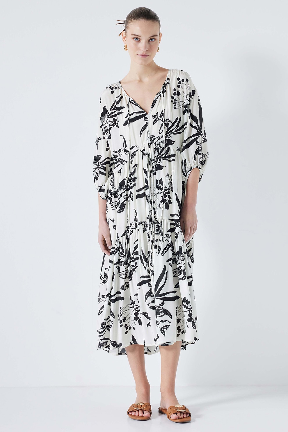 Ipekyol, Rochie midi cu model floral si maneci 3/4, Alb, Negru, 36