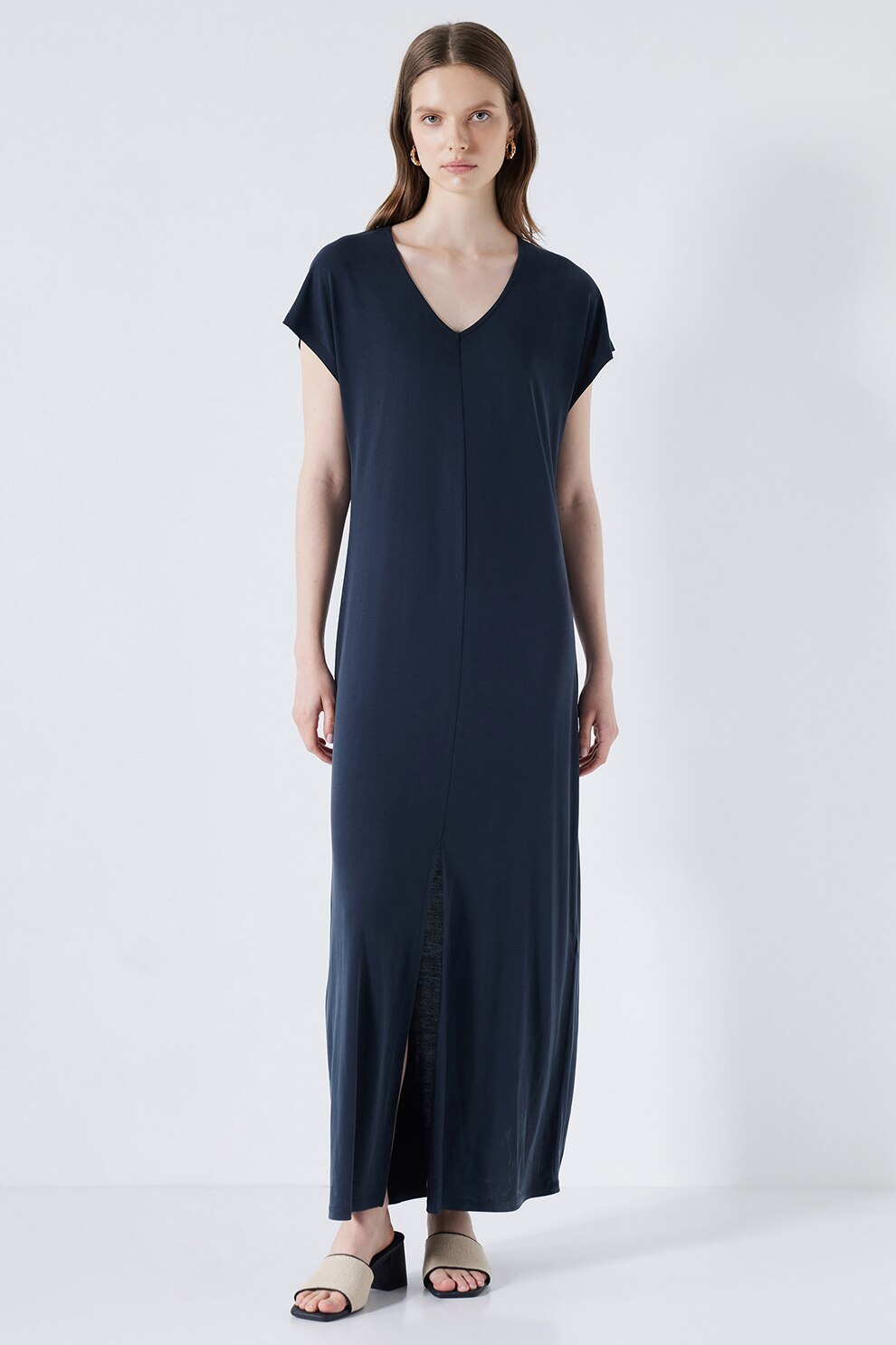 Ipekyol, Rochie din amestec de modal cu croiala dreapta si slit frontal, Albastru ultramarin, 36