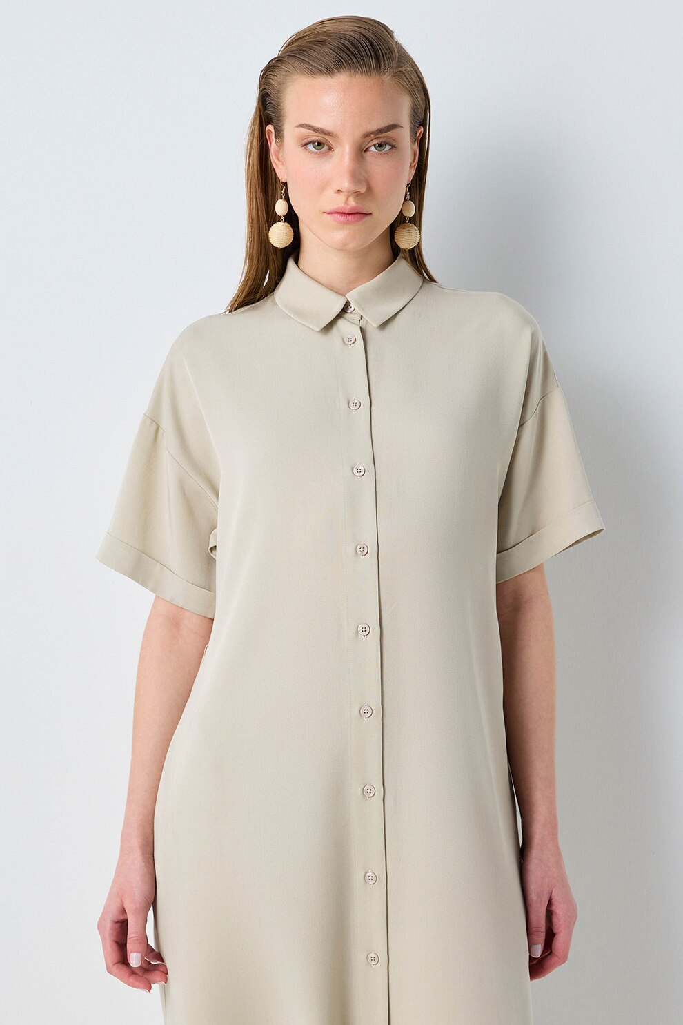 Ipekyol, Rochie midi din lyocell cu maneci cazute, Maro nisip, 36