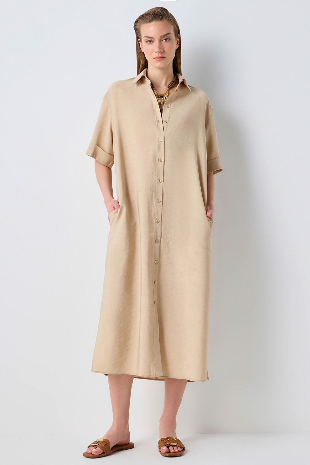 Ipekyol, Rochie-camasa din amestec de modal cu slituri laterale, Bej, 36