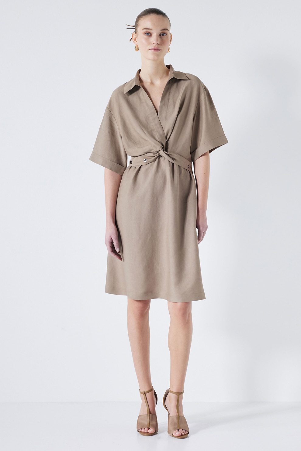 Ipekyol, Rochie mini din amestec de in cu maneci medii, Maro taupe, 36