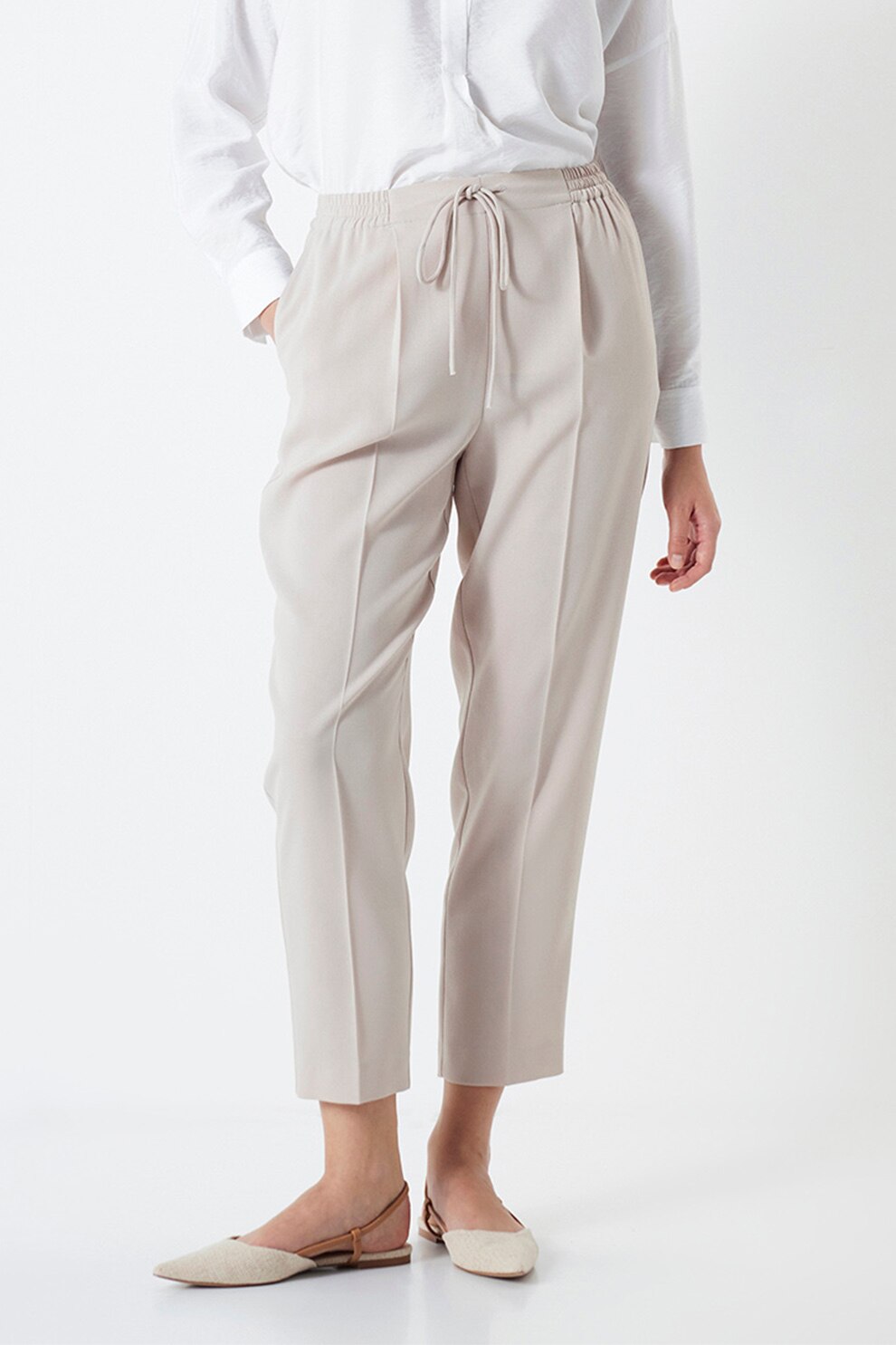 Ipekyol, Pantaloni crop cu talie ajustabila, Maro taupe deschis, 40