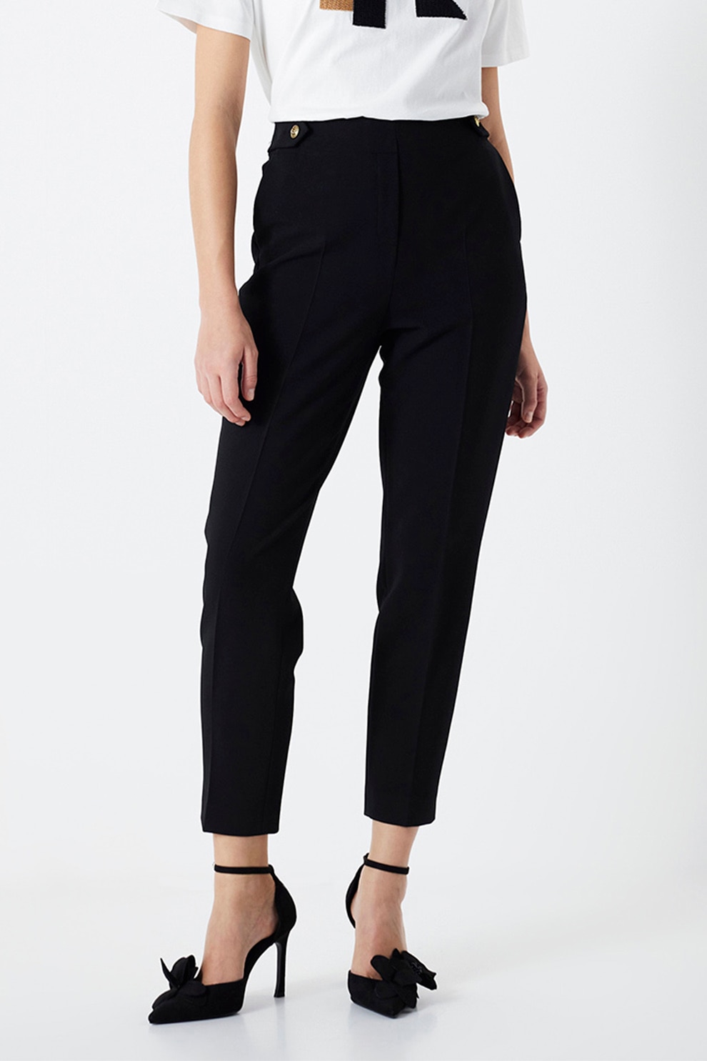 Ipekyol, Pantaloni crop cu nasturi decorativi, Negru, 34