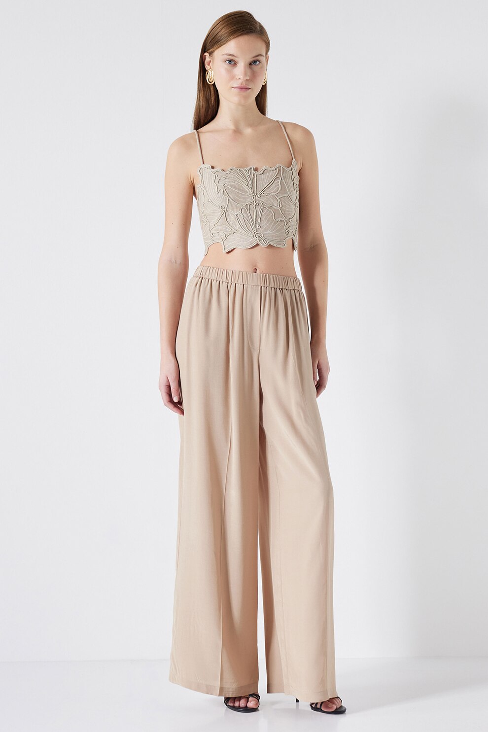Ipekyol, Pantaloni cu croiala ampla si talie elastica, Maro camel, 38