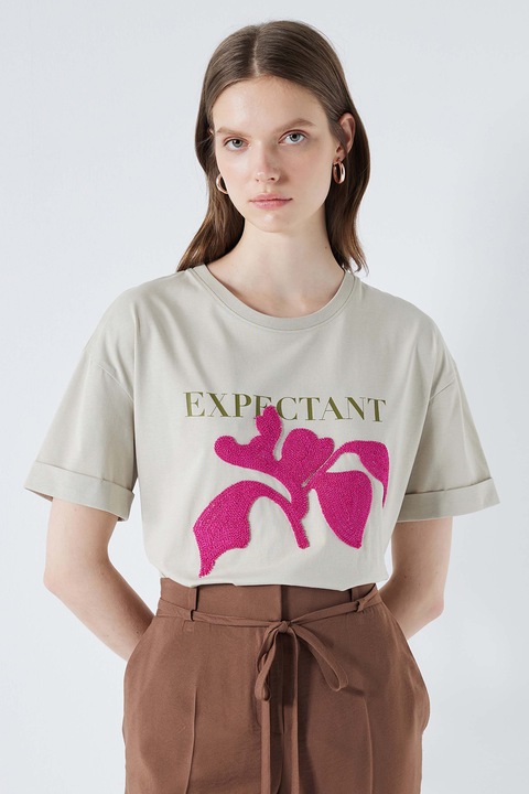 Ipekyol, Tricou cu decolteu la baza gatului si imprimeu grafic, Maro nisip/Roz