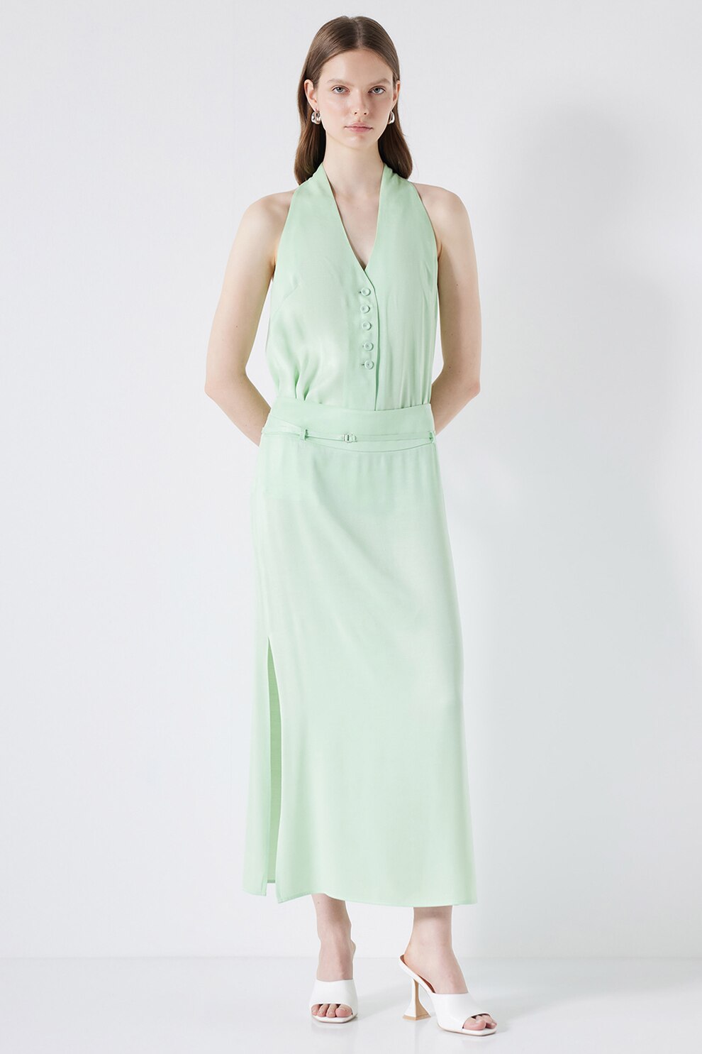 Ipekyol, Fusta midi cu slituri laterale, Verde pal, 36