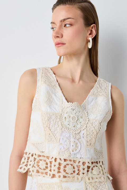 Ipekyol, Bluza crop din dantela crosetata, Alb/Maro nisip