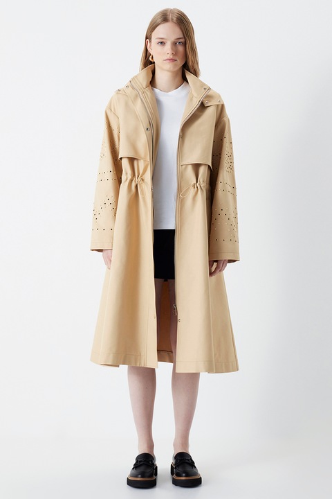 Ipekyol, Palton lung cu talie ajustabila si perforatii, Portocaliu pal