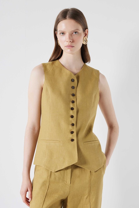 Ipekyol, Sacou de in cu nasturi, fara maneci, Galben mustar, 34