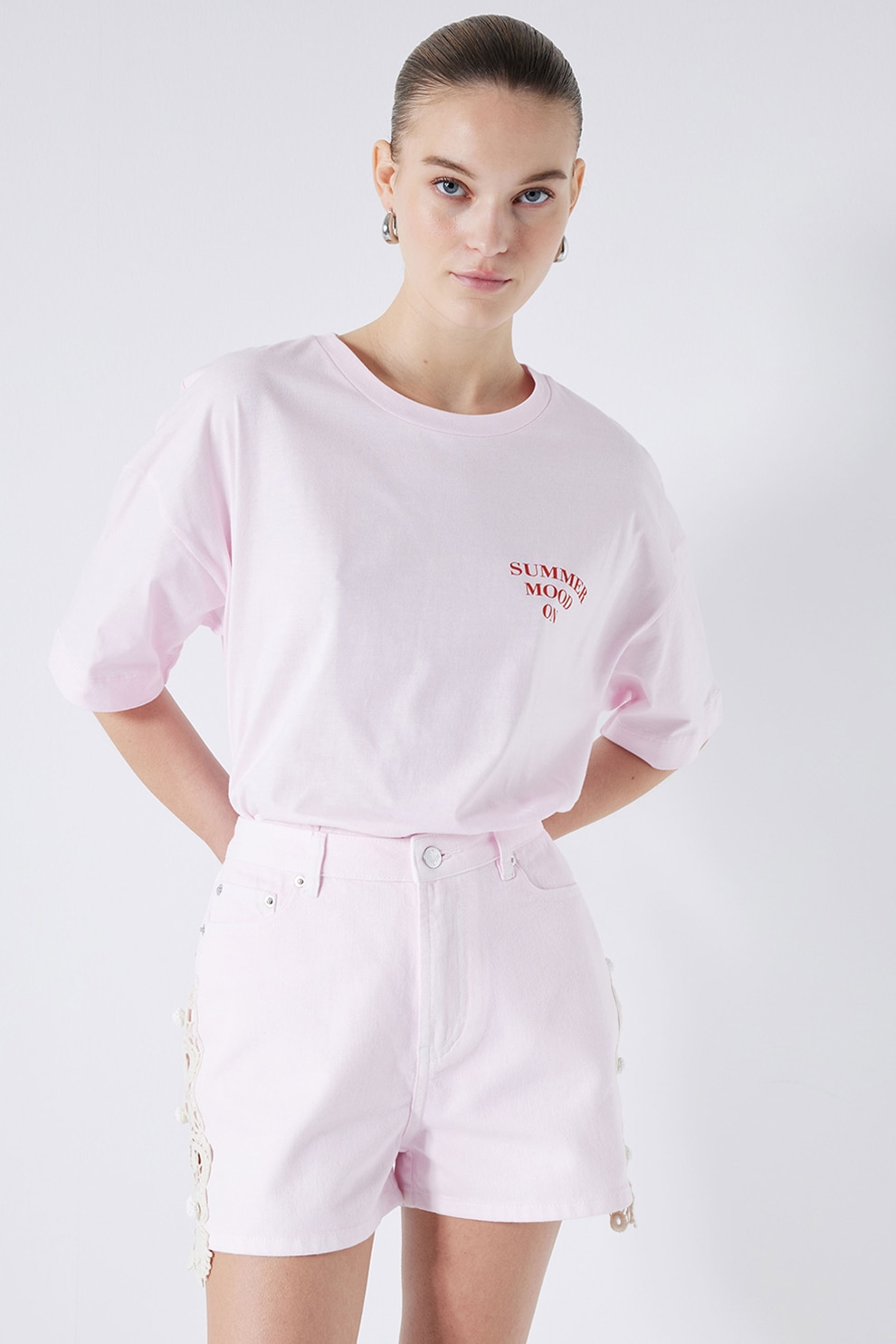 Ipekyol, Pantaloni scurti cu broderii laterale, Roz pal, 38
