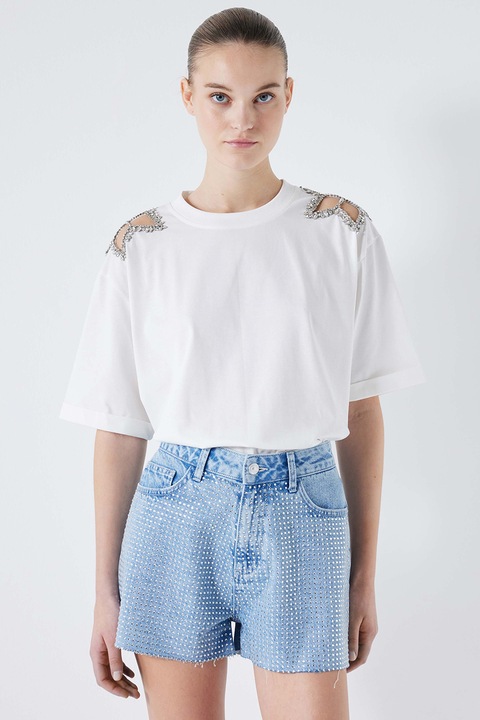 Ipekyol, Pantaloni scurti de denim cu aplicatii de strasuri, Albastru deschis/Argintiu