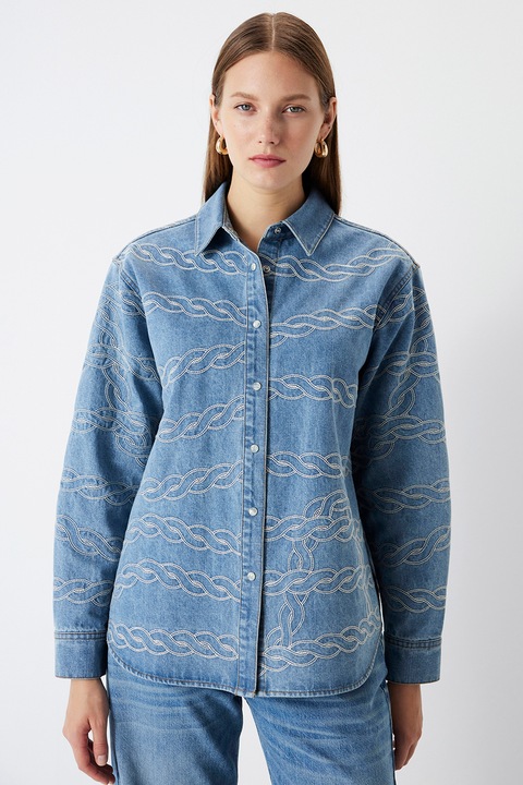 Ipekyol, Camasa de bumbac cu imprimeu grafic, Albastru prafuit/Portocaliu persan