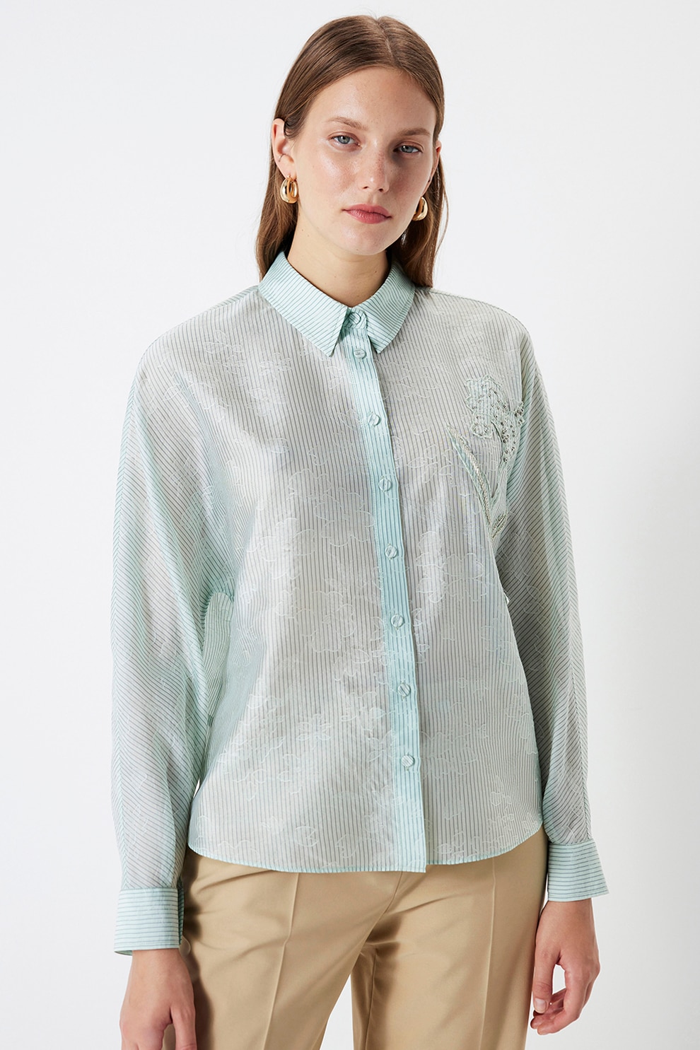 Ipekyol, Camasa regular fit transparenta, Verde pal, 36