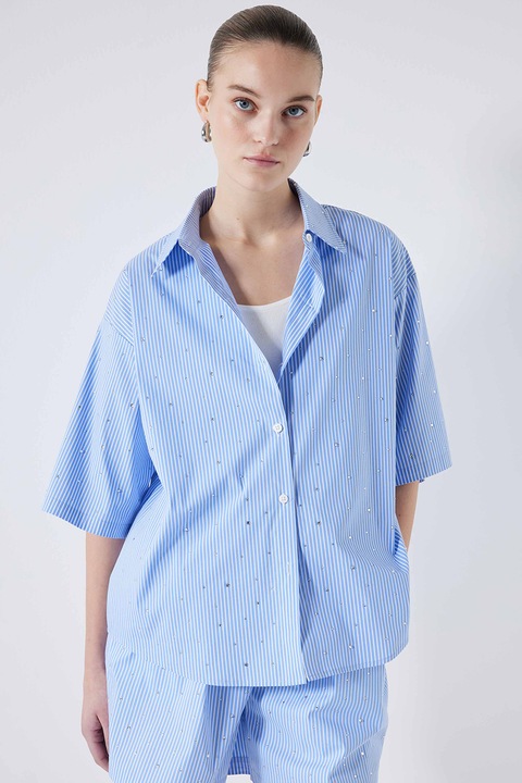 Ipekyol, Camasa supradimensionata din amestec de bumbac, Alb/Albastru lavanda