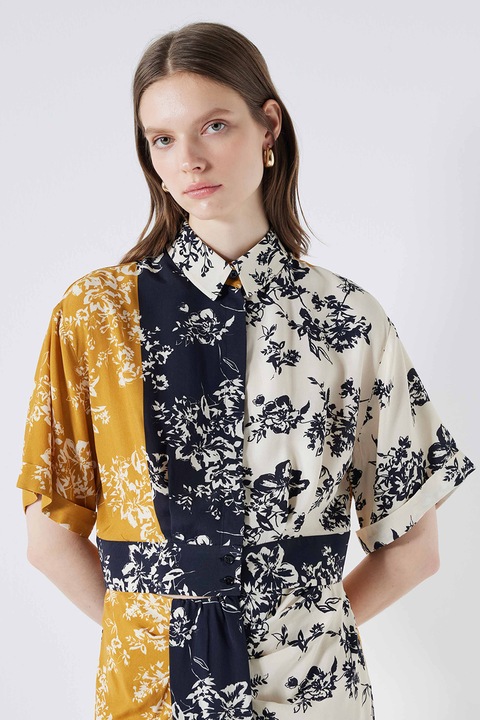 Ipekyol, Camasa crop cu model colorblock si imprimeu floral, Alb fildes/Negru/Galben mustar, 34