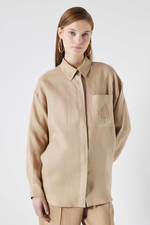 Ipekyol, Camasa supradimensionata de in cu buzunar pe piept, Maro deschis