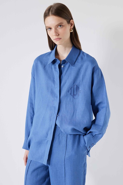 Ipekyol, Camasa supradimensionata de in cu buzunar pe piept, Albastru royal