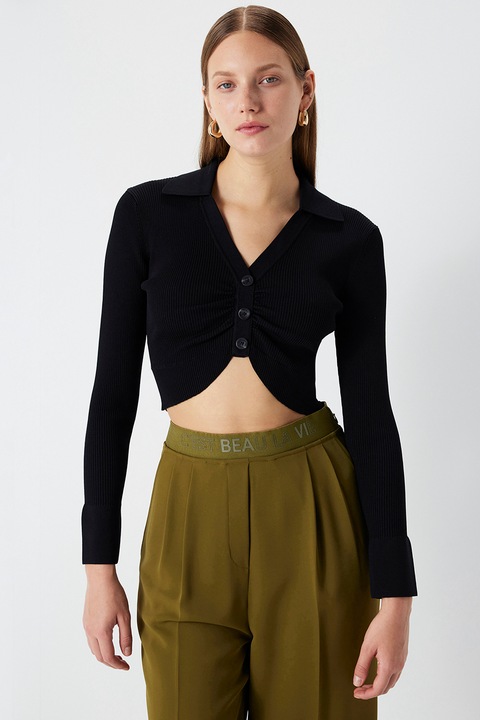 Ipekyol, Bluza crop cu guler ascutit, Gri carbune