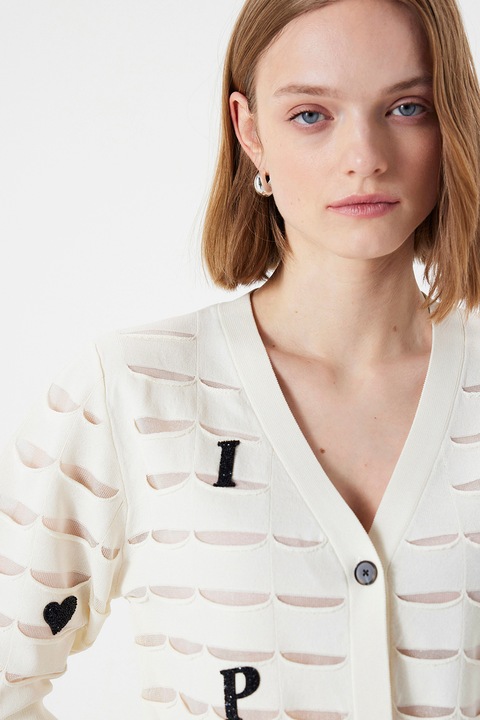 Ipekyol, Cardigan cu decupaje decorative, Alb fildes/Negru
