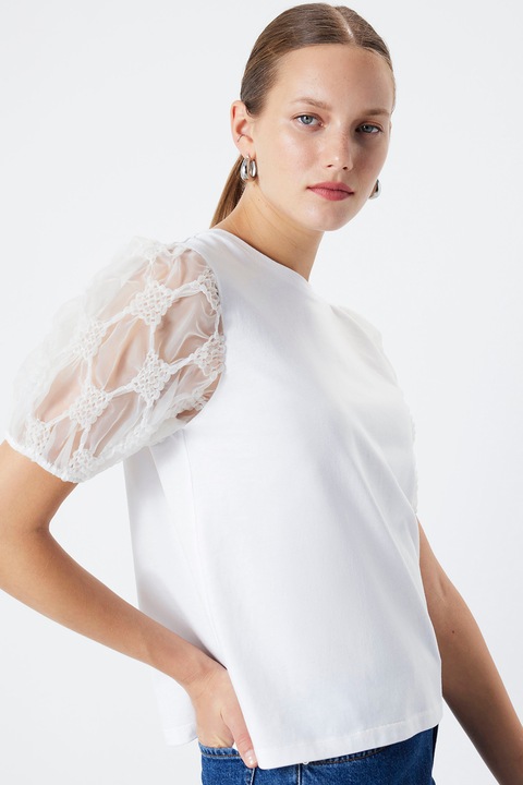 Ipekyol, Tricou cu maneci bufante din plasa, Alb optic