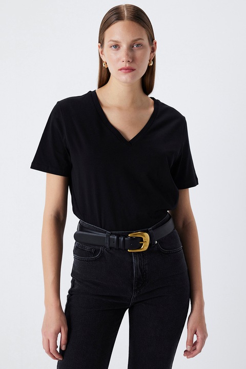 Ipekyol, Tricou din bumbac cu decolteu in V, Negru, S
