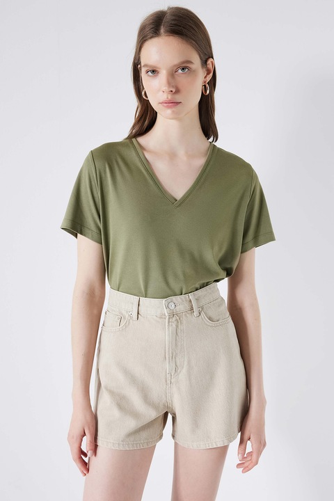 Ipekyol, Tricou din amestec de modal cu decolteu in V, Kaki