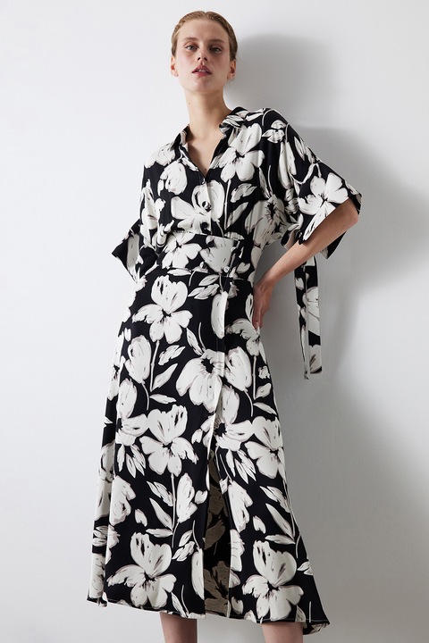 Ipekyol, Rochie-chimono cu imprimeu floral, Alb/Negru, 36