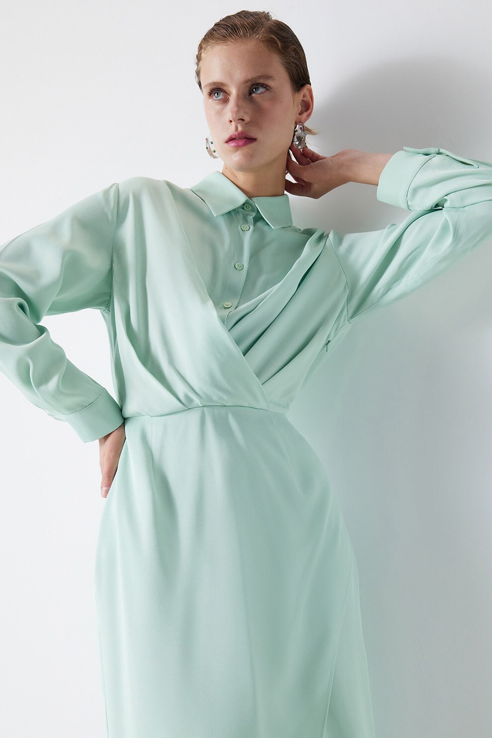 Ipekyol, Rochie midi cu maneci lungi si detalii drapate, Verde pal, 36
