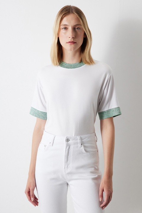 Ipekyol, Tricou din amestec de modal cu garnituri contrastante, Alb/Verde, M