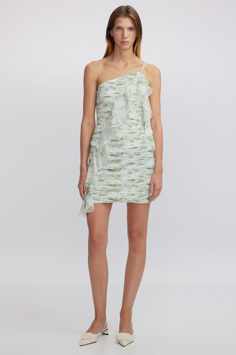 Ipekyol, Rochie cu decolteu pe un umar si volane, Alb/Verde