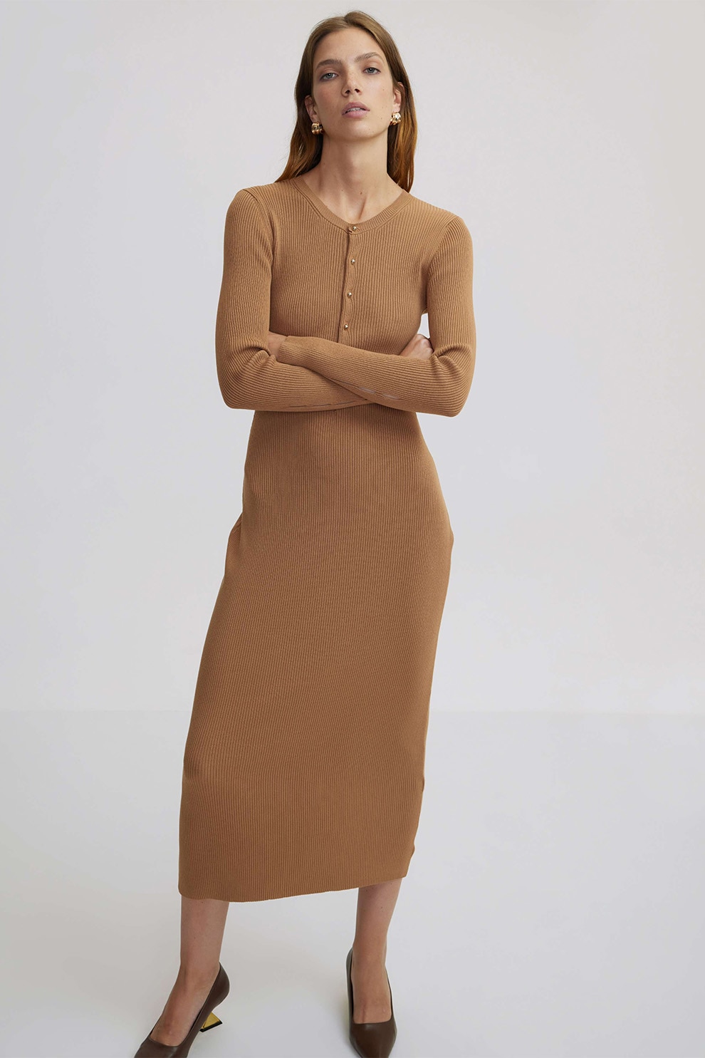 Ipekyol, Rochie tricotata cu decupaje, Maro, Caramel, 36