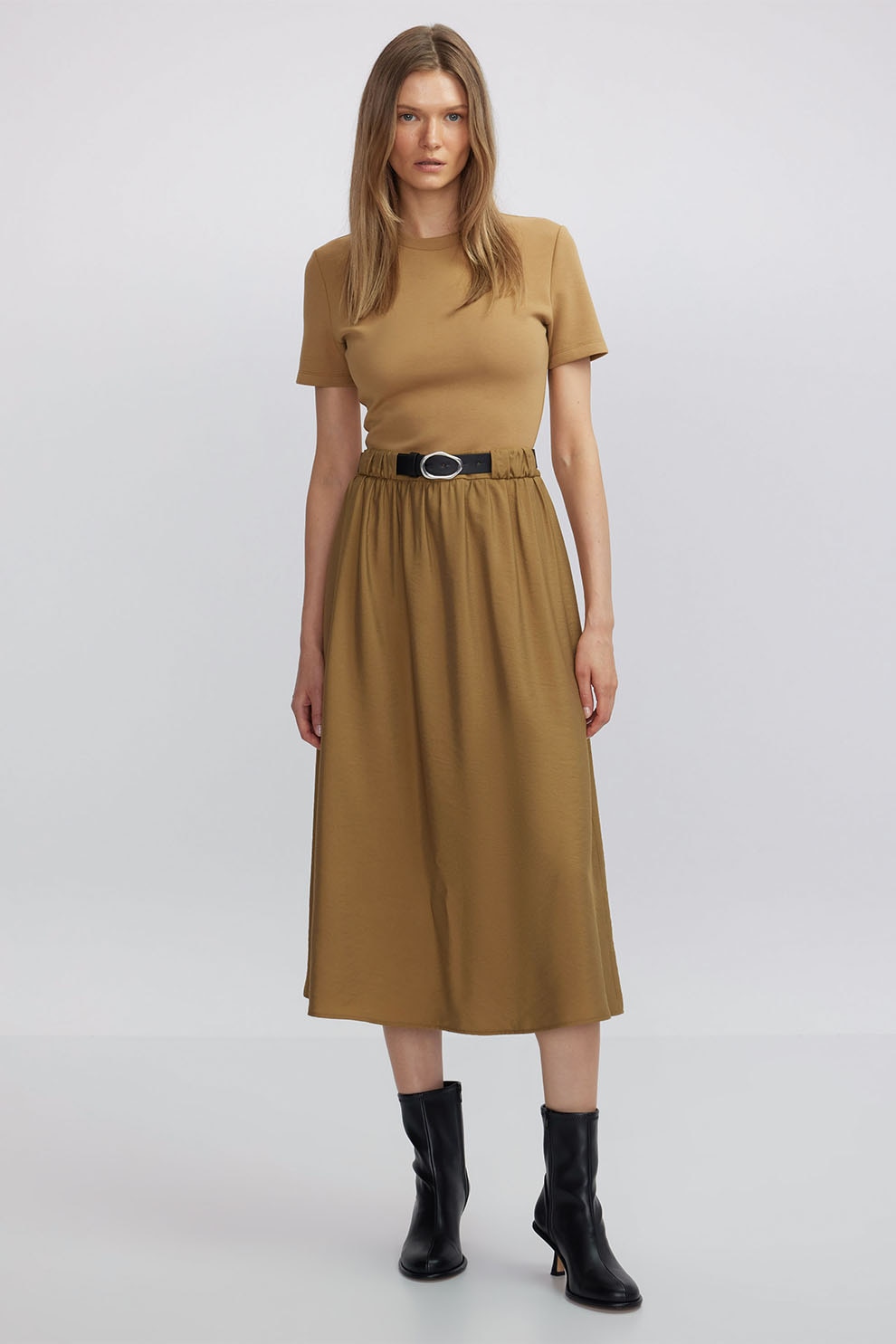 Ipekyol, Rochie evazata cu maneci scurte, Maro deschis, Camel, 40