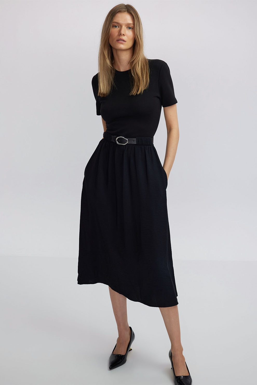 Ipekyol, Rochie evazata cu maneci scurte, Negru, 36