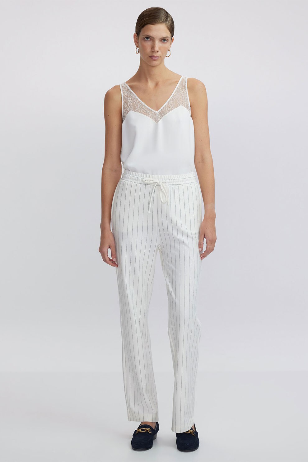 Ipekyol, Pantaloni cu dungi discrete si talie ajustabila, Alb, Negru, 36