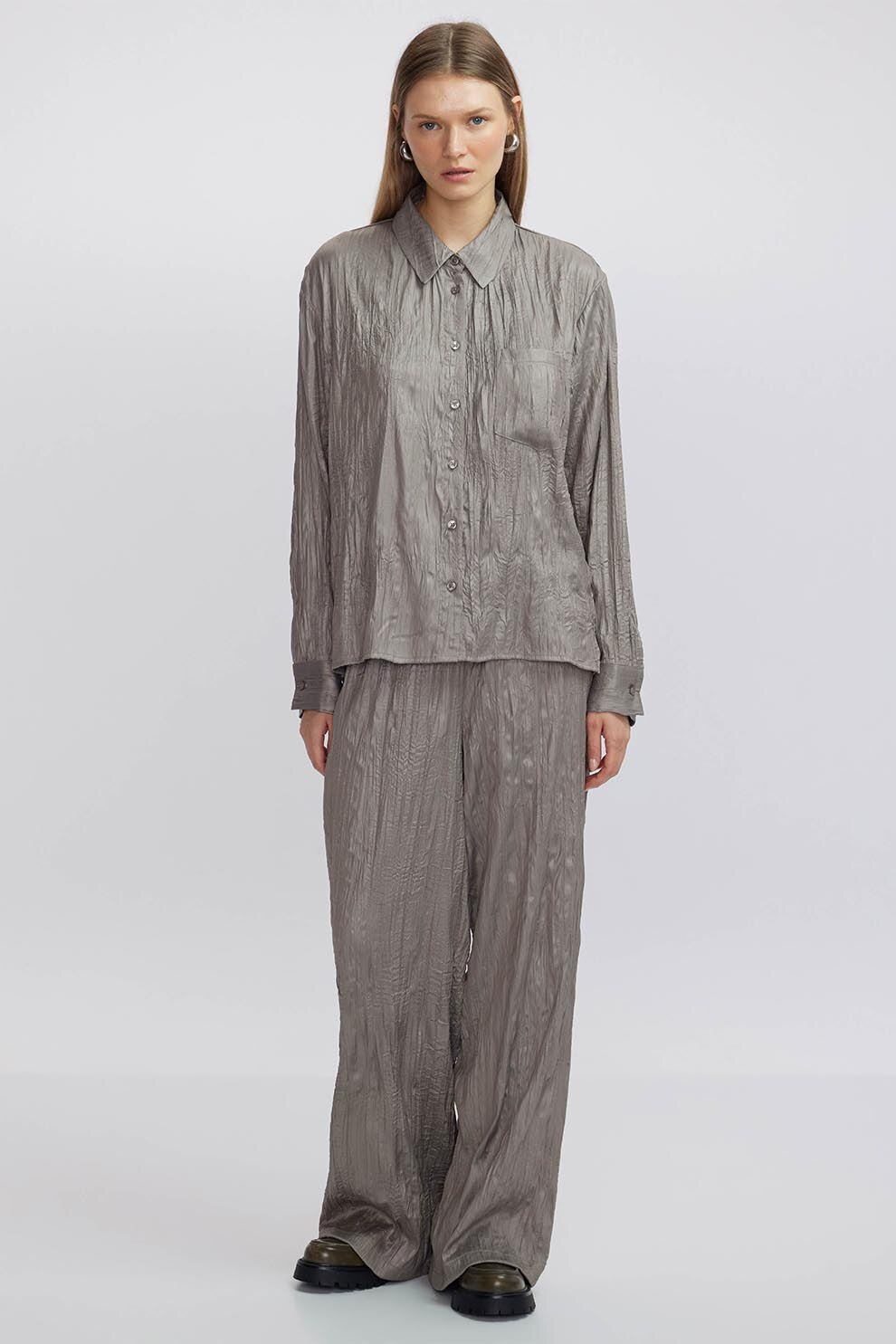 Ipekyol, Pantaloni cu aspect creponat si talie inalta, Grej, 38