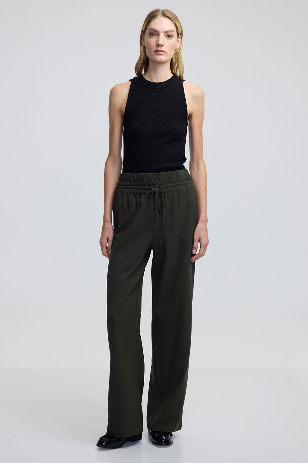Ipekyol, Pantaloni cu talie inalta si snururi, Verde, verde militar inchis, 36