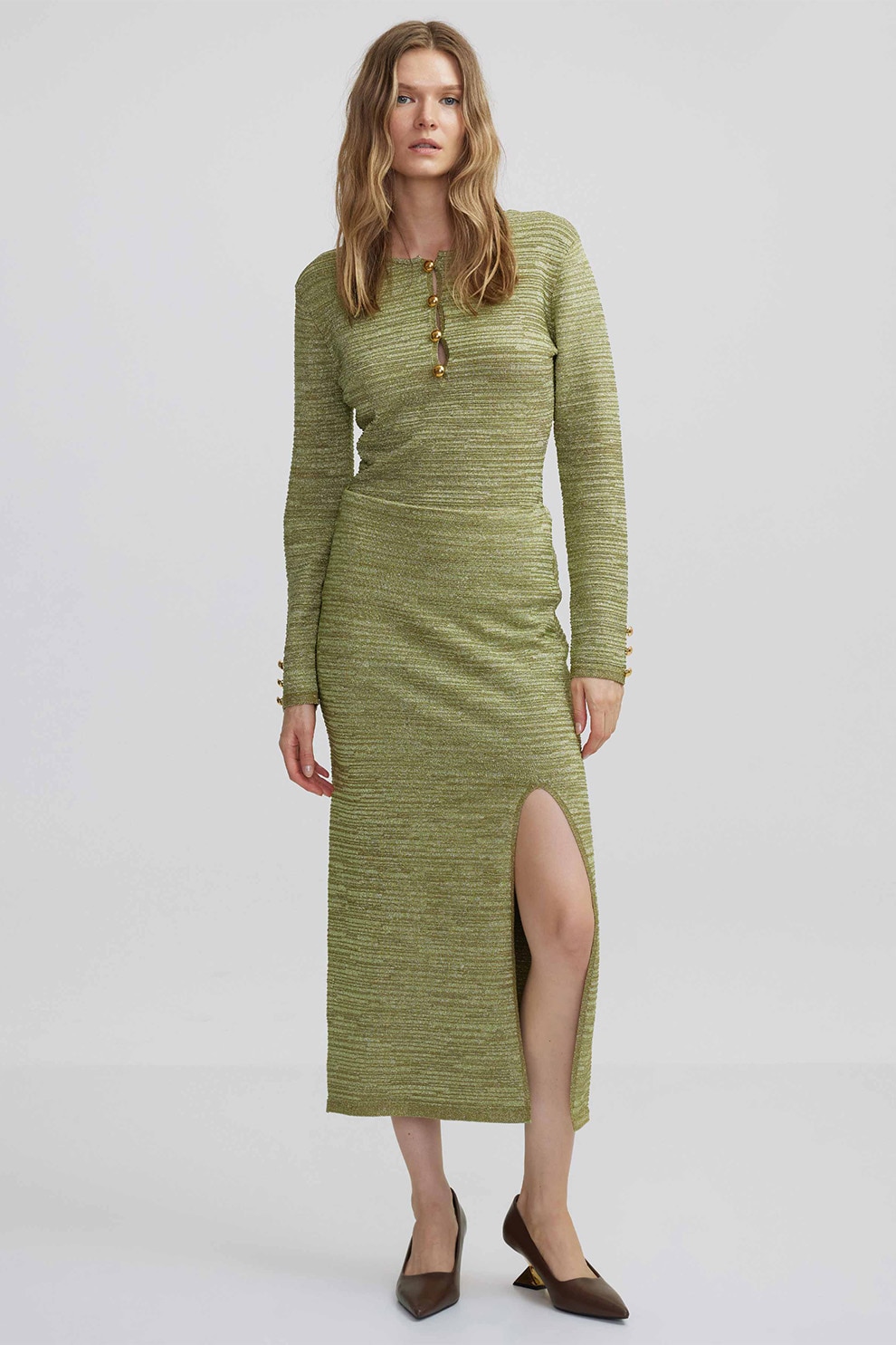 Ipekyol, Fusta lunga cu slit lateral, Verde, Verde sparanghel, L