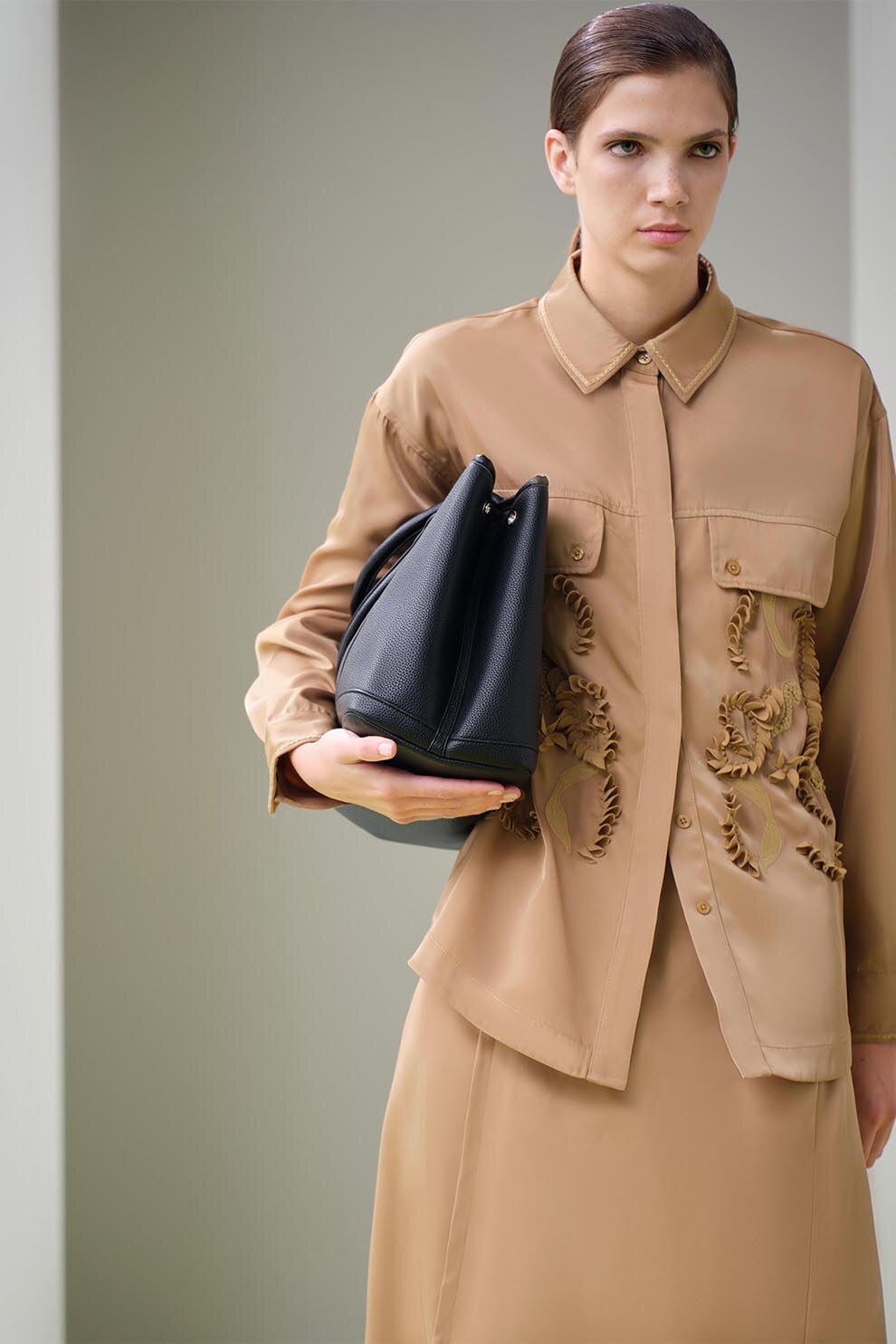 Ipekyol, Camasa cu model uni si broderie, Maro, Caramel, 36