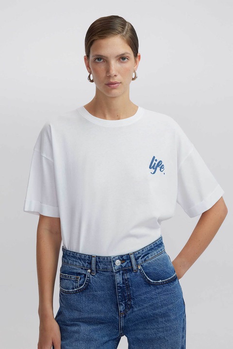 Ipekyol, Tricou cu decolteu la baza gatului si imprimeu text, Alb/Albastru