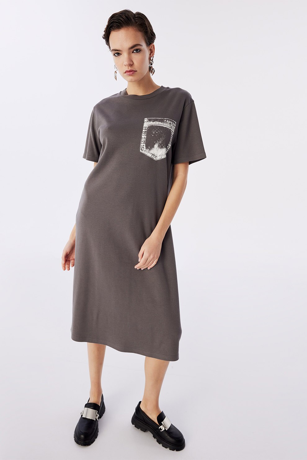 TWIST, Rochie-tricou midi, Alb, Gri antracit, 34