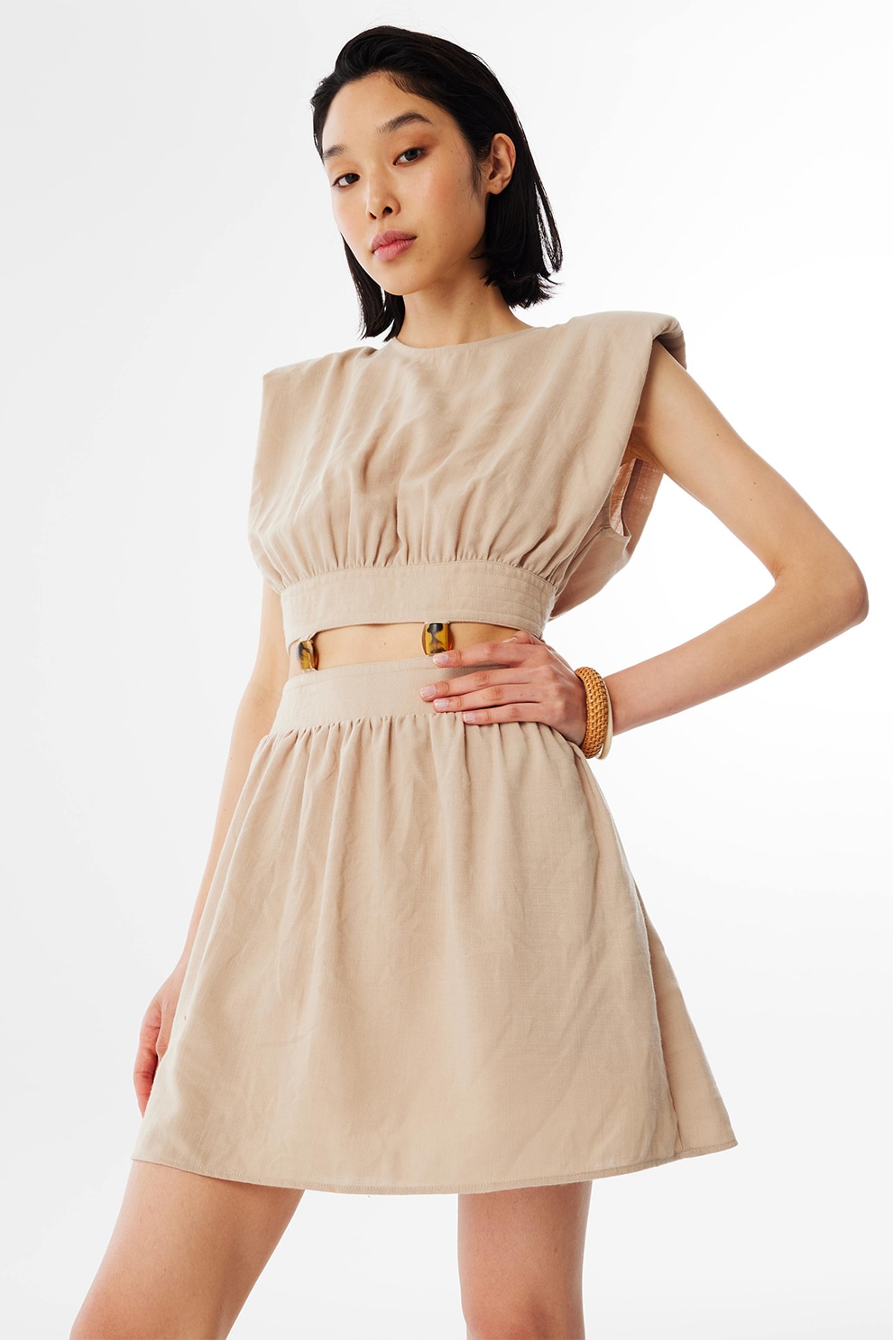 TWIST, Rochie mini cu umeri intariti, Camel, 38