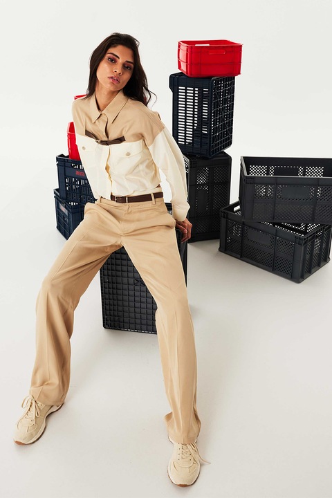 TWIST, Pantaloni din lyocell cu o curea de piele ecologica, Maro camel