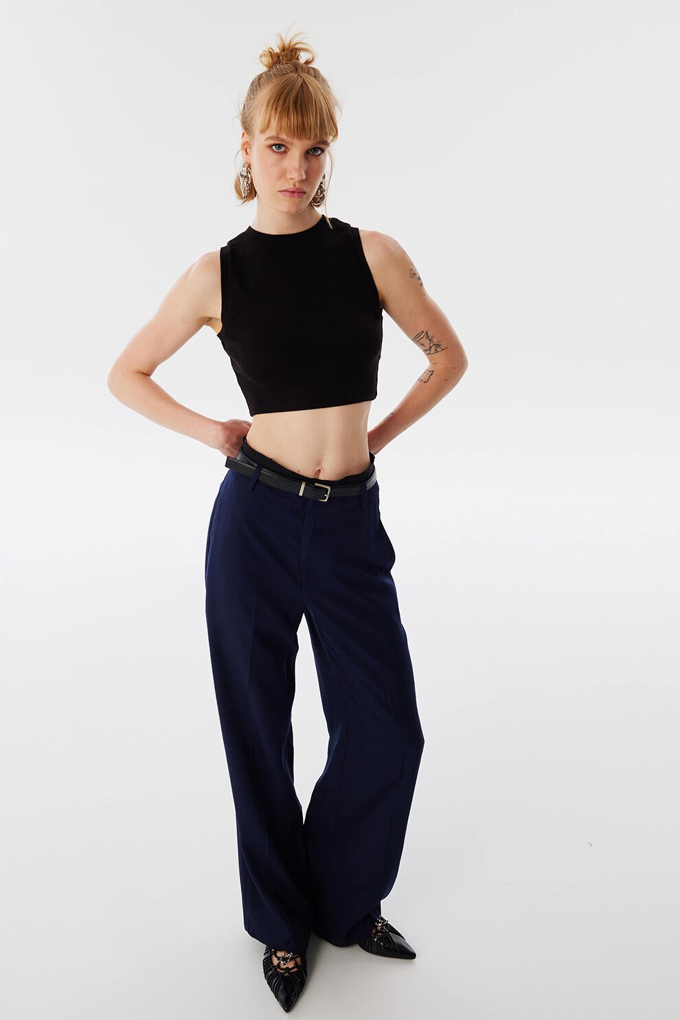 TWIST, Pantaloni din lyocell cu o curea de piele ecologica, Negru, 36
