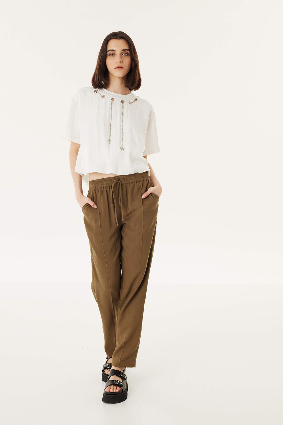 TWIST, Pantaloni jogger cu snur, verde militar inchis, 36